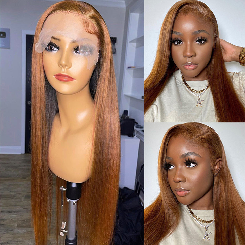 Ginger Mixed Brown Colored Lace Front Closure Human Hair Wigs Straight