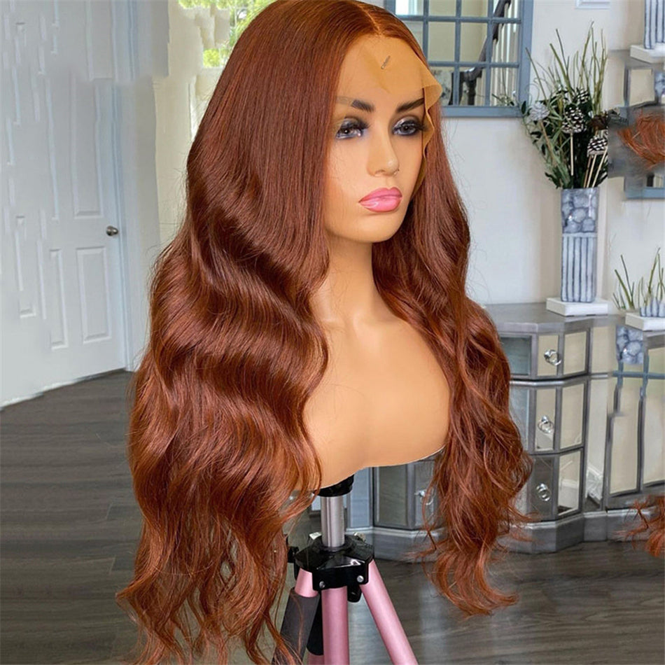 210% Density Reddish Brown Colored Lace Front Closure Human Hair Wigs Body Wave