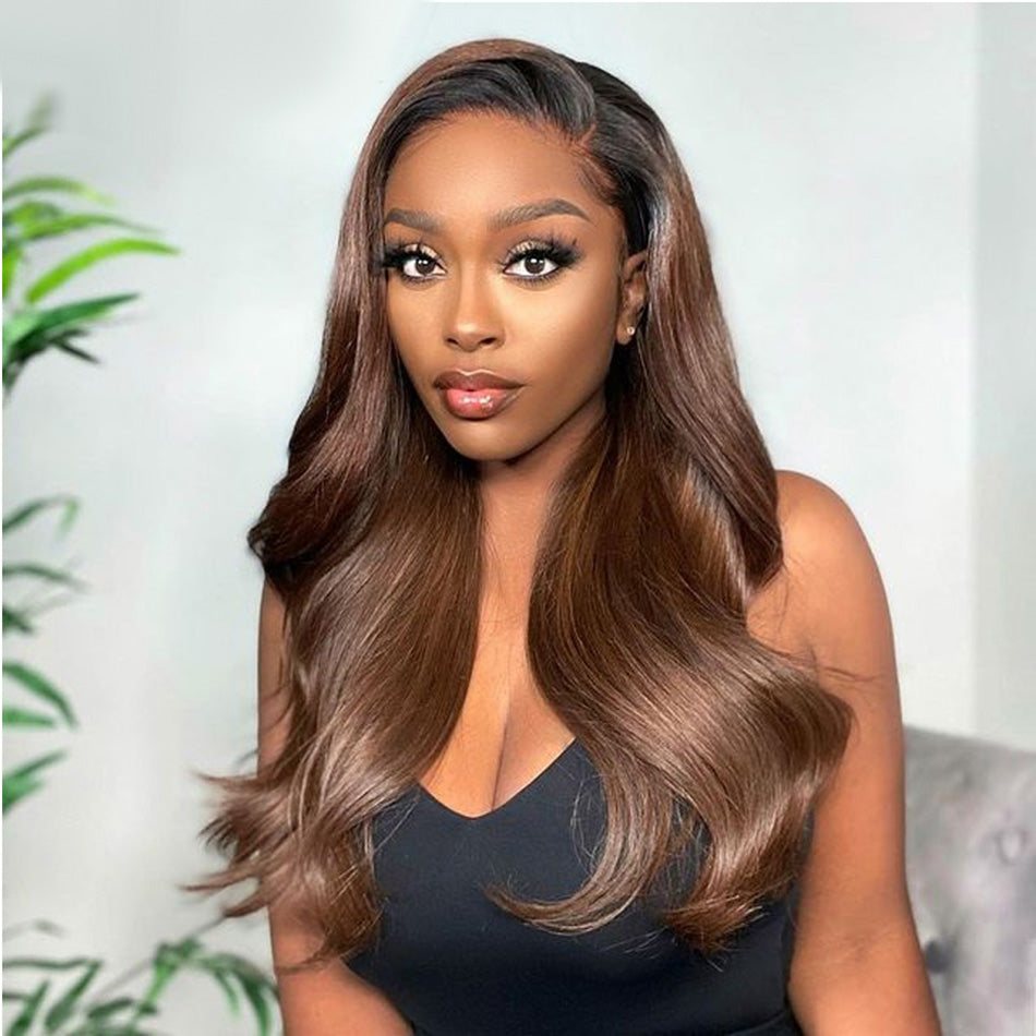 1B/4# Ombre Medium Brown Colored Lace Front Closure Human Hair Wigs Body Wave