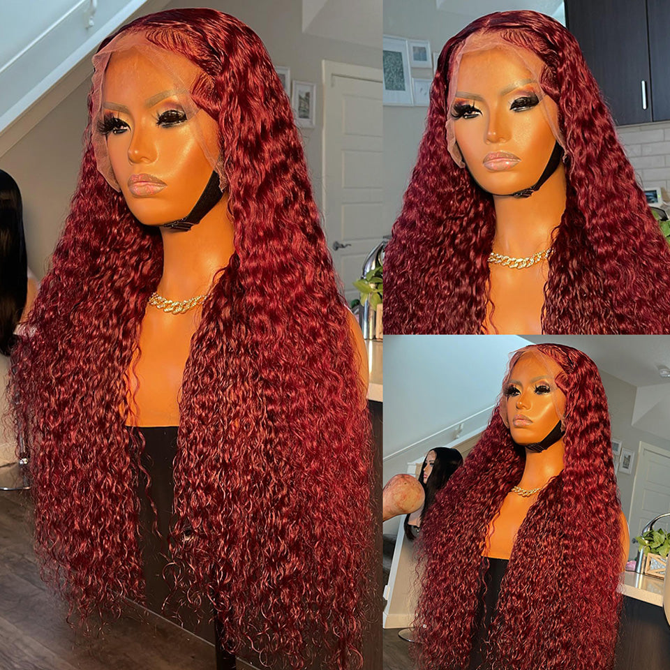 Reddish Burgundy Curly Colored 13x4 13x6 5x5 Lace Front Closure Human Hair Wigs