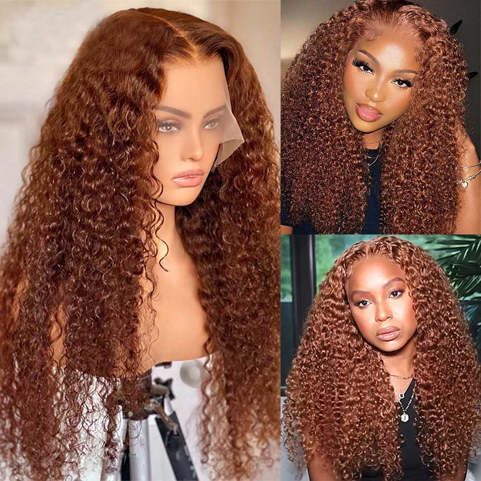 210% Density Ginger Brown Colored 13x4 13x6 5x5 Lace Frontal Closure Curly Human Hair Wigs Full And Bouncy