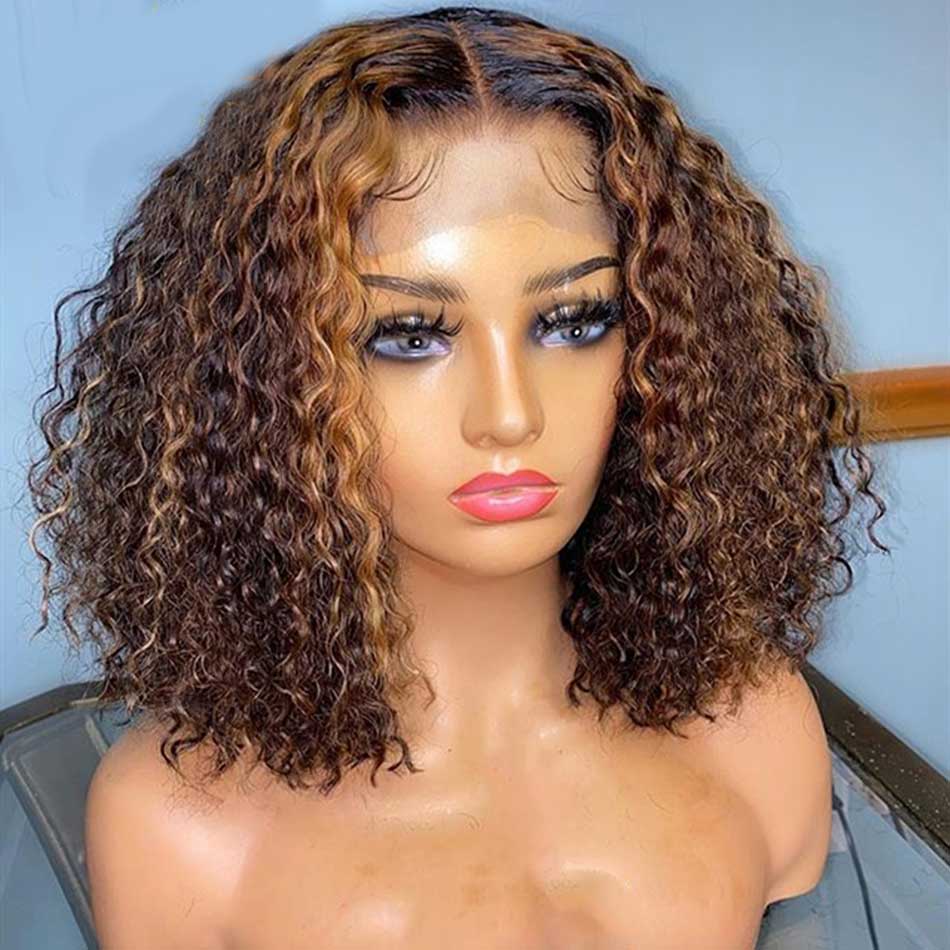 Highlight Brown Colored Bob Wigs Curly Human Hair 100% Remy Lace Front Closure Remy Human Hair Wigs 180% density