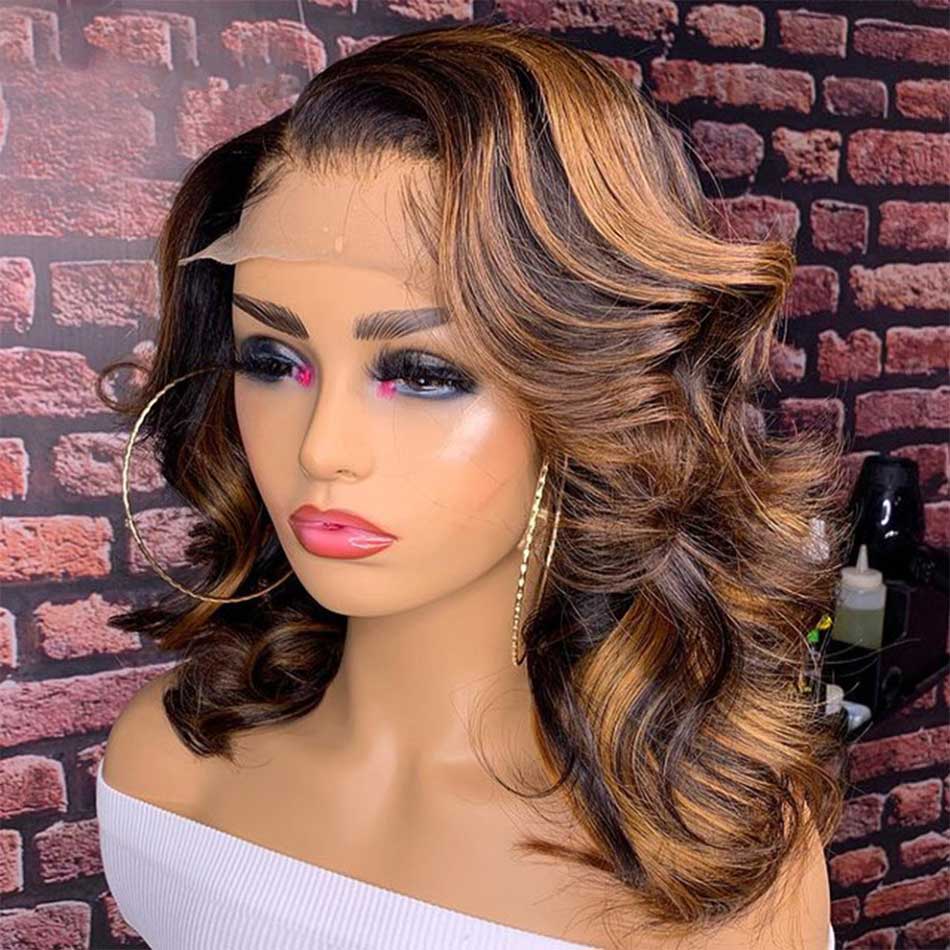 Highlight Brown Colored Bob Wigs Wavy Human Hair 100% Remy Lace Front Closure Remy Human Hair Wigs 180% Density