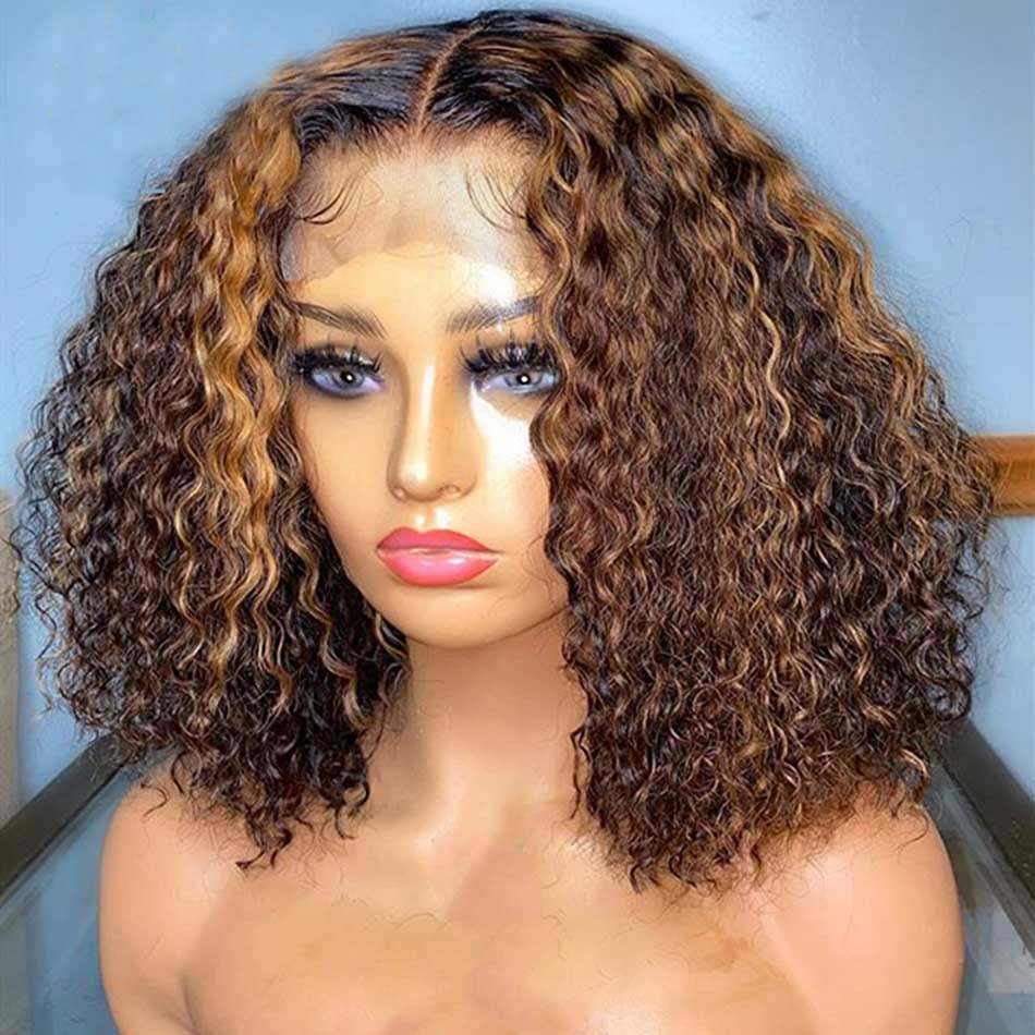 Highlight Brown Colored Bob Wigs Curly Human Hair 100% Remy Lace Front Closure Remy Human Hair Wigs 180% density