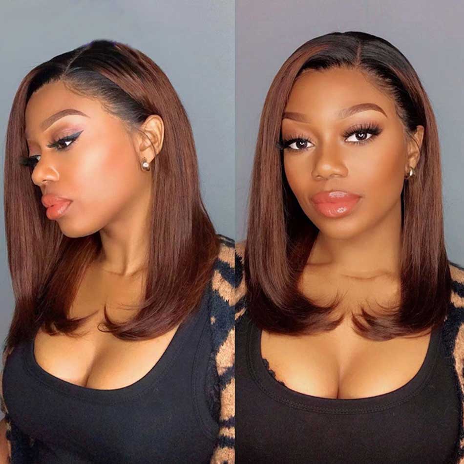 Ombre Brown Colored Bob Wigs Straight Human Hair 100% Remy Lace Front Closure Remy Human Hair Wigs 180% Density