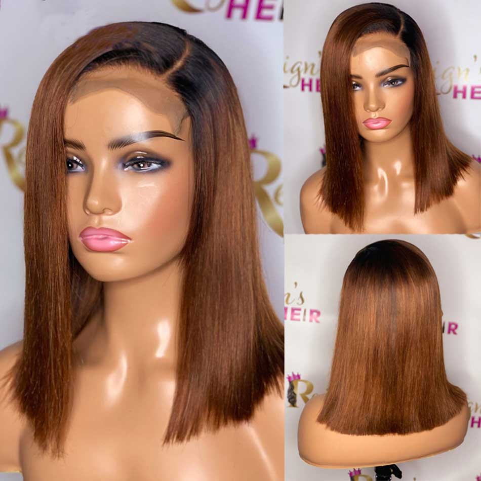 Ombre Brown Colored Bob Wigs Straight Human Hair 100% Remy Lace Front Closure Remy Human Hair Wigs 180% Density