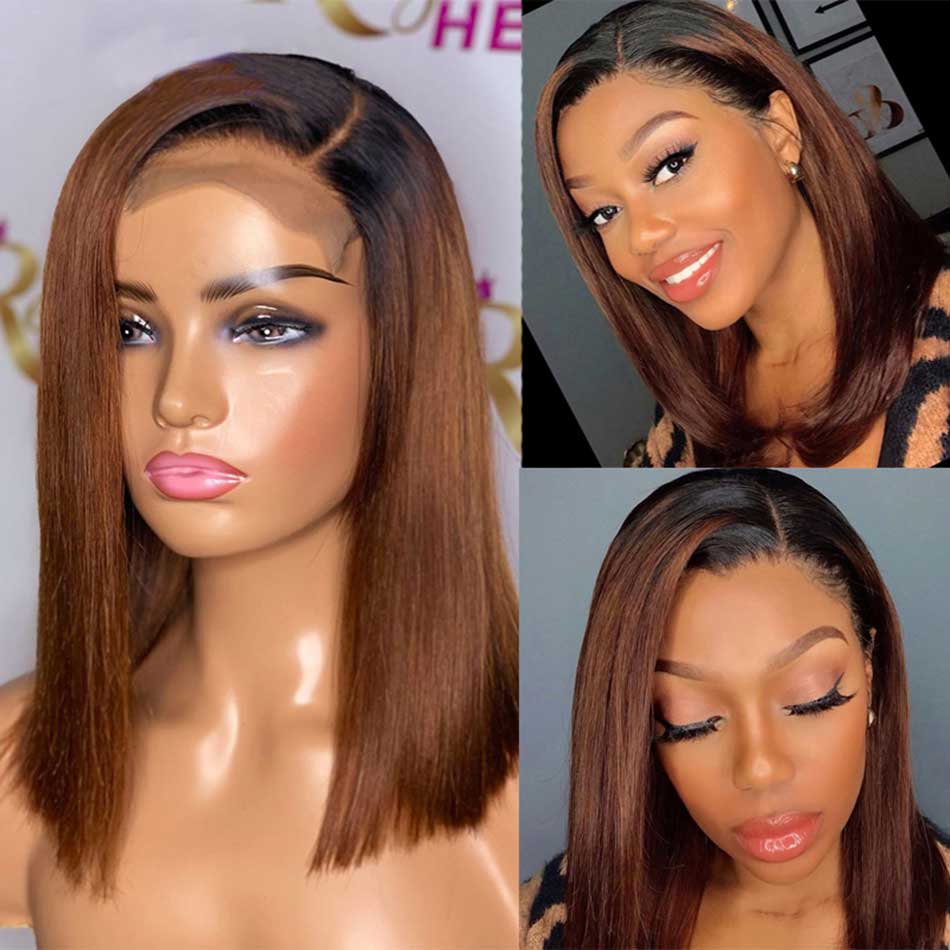 Ombre Brown Colored Bob Wigs Straight Human Hair 100% Remy Lace Front Closure Remy Human Hair Wigs 180% Density